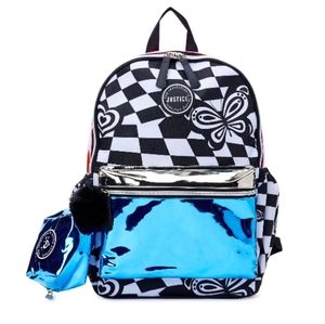 Girls 17" Justice Laptop Backpack with Pouch 2-piece Set Checkered Foil
